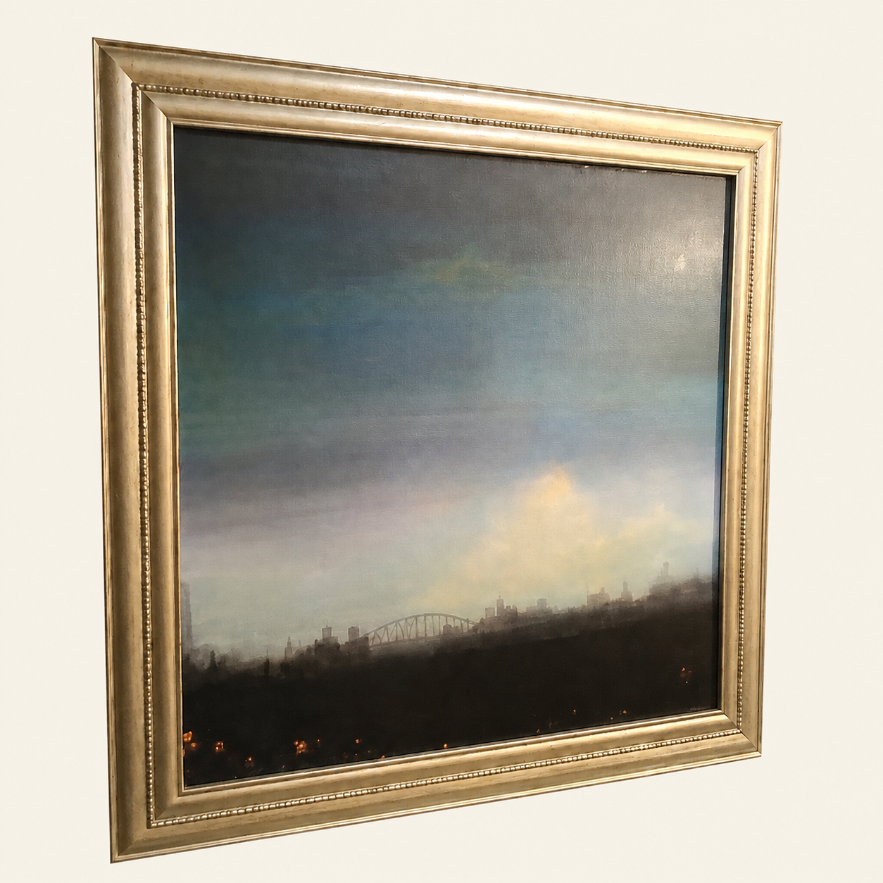 Framed city-at-dusk painting from the Von Chera Collection
