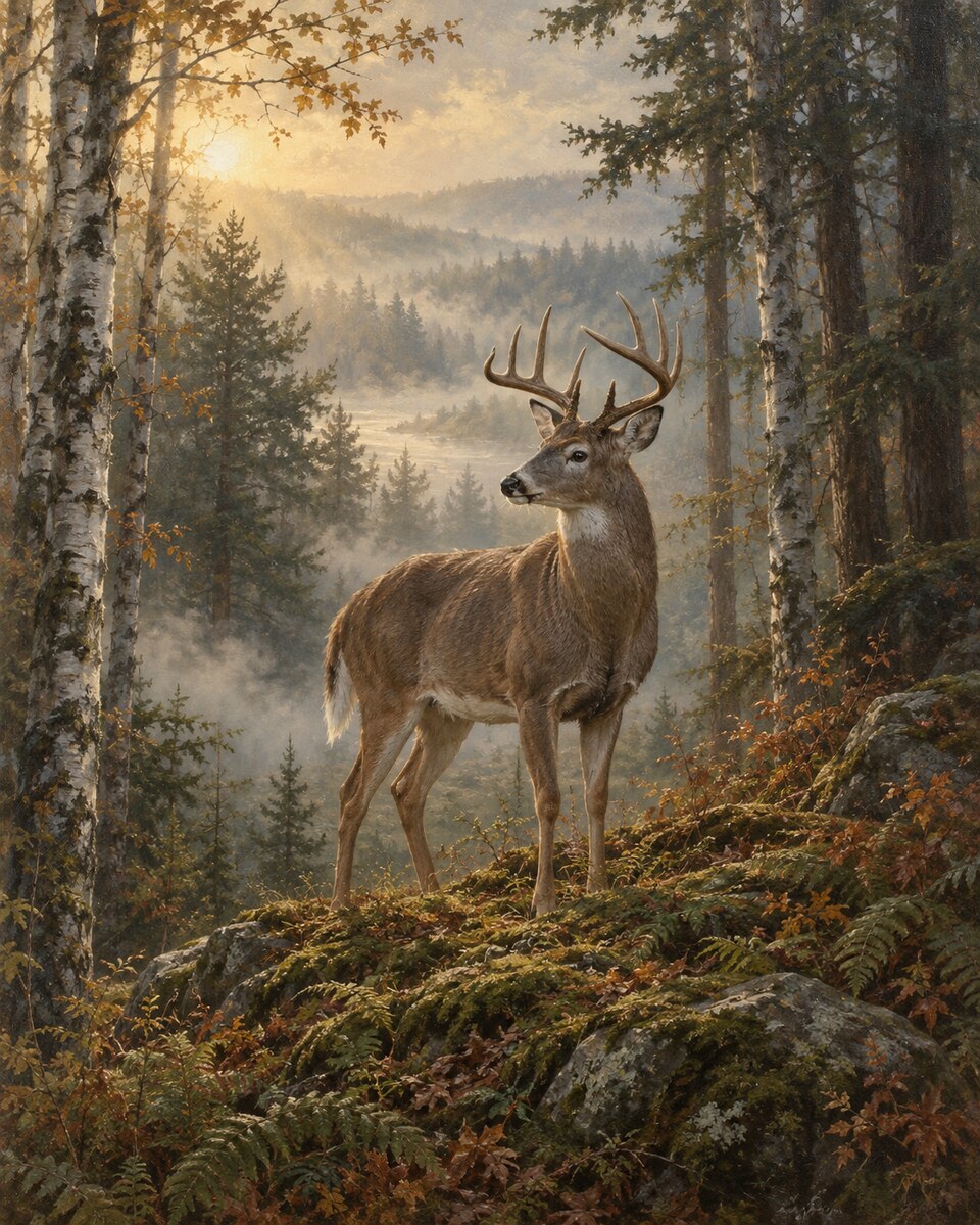 A white-tailed buck standing among birches and evergreens in morning light