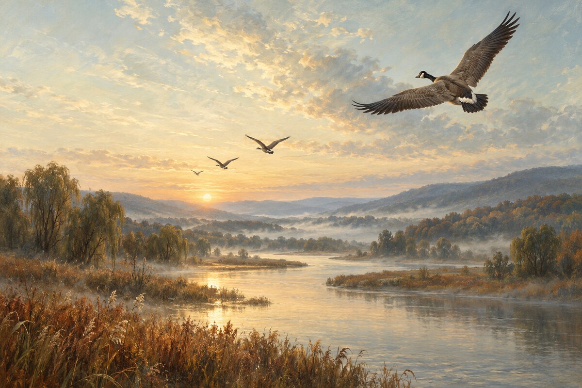 Wild geese flying over a golden river valley at sunrise